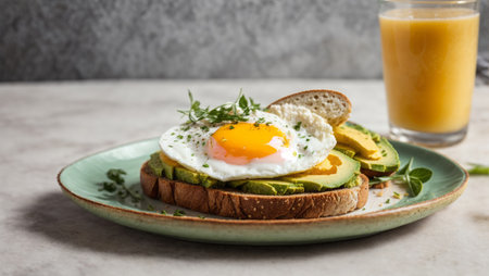 Avocado toast with fried egg on white background. Healthy breakfastの素材