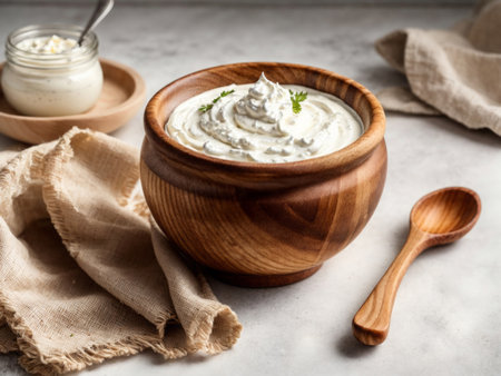 Sour cream in a wooden bowl with mint leaves on a light backgroundの素材