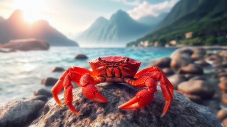 Red crab on a rock on the background of the ocean and mountainsの素材