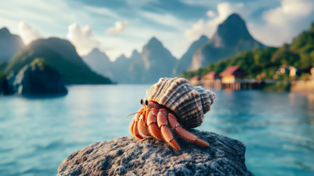 Hermit crab on the rock in the background of the sea and mountainsの素材