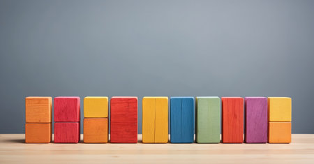 Colorful wooden blocks on wood table and grey backgroundの素材