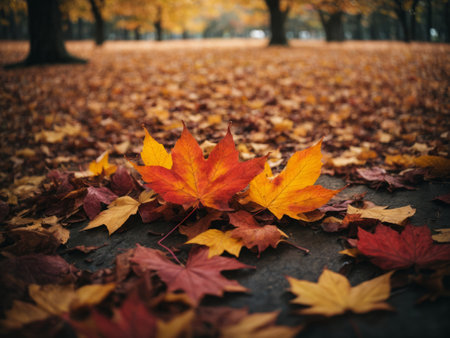 Maple leaves on the ground in the autumn park. Autumn backgroundの素材