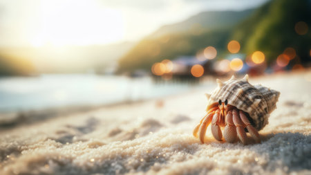 Hermit crab on the beach with a bokeh backgroundの素材