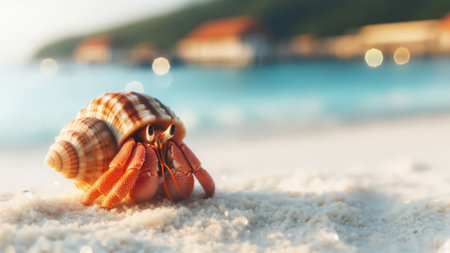 Hermit crab on the beach with a bokeh backgroundの素材