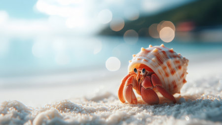 Hermit crab on the beach with a bokeh backgroundの素材