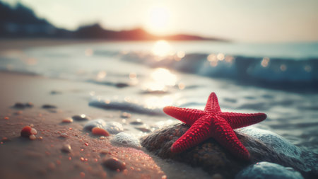 Red starfish on the beach at sunset. Travel and vacation conceptの素材