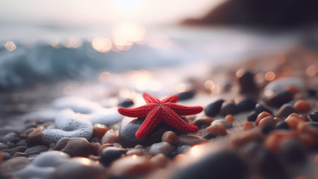 Red starfish on the beach at sunset. Travel and vacation conceptの素材