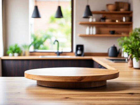 Empty wooden table and blurred kitchen interior background, product display montageの素材