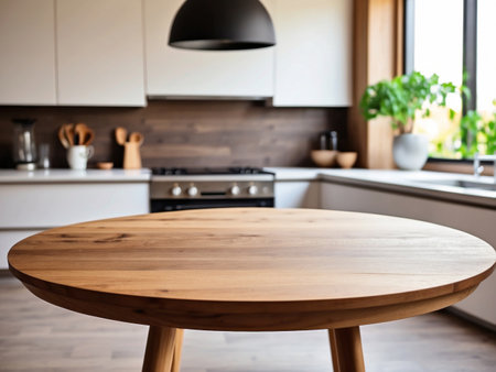 Empty wooden round table and blurred kitchen interior background, product display montageの素材