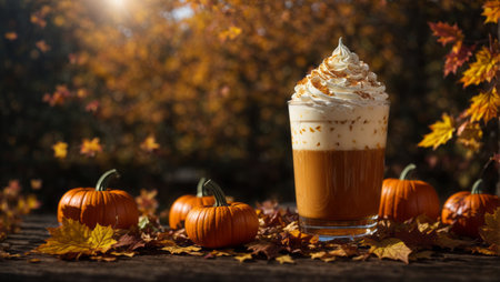 Pumpkin latte with whipped cream and autumn leaves on wooden backgroundの素材