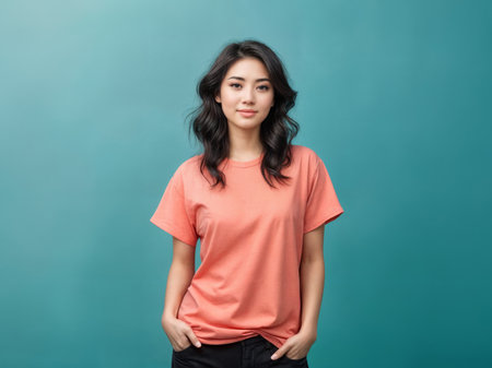 A beautiful young Asian woman in an orange or coral pink T-shirt on a teal blue backgroundの素材