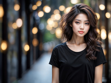 Beautiful Asian woman in a black t-shirt with a bokeh backgroundの素材