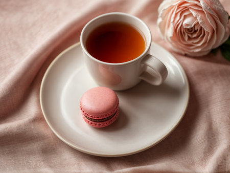 Cup of tea and macaroon on pink fabricの素材