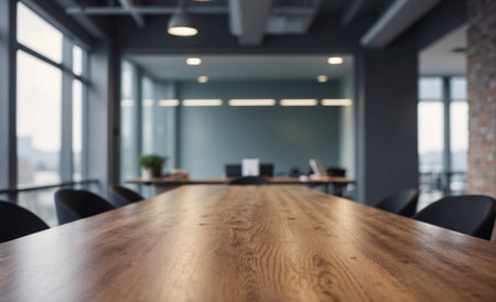 Empty wooden table in a conference room or meeting room, blurred backgroundの素材