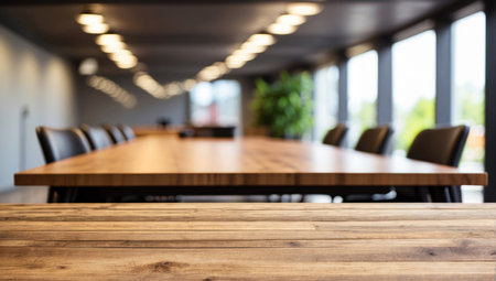 Empty white table in a conference room or meeting room on a blurred backgroundの素材