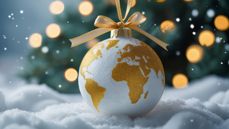Christmas globe with gold ribbon on snow and bokeh backgroundの素材
