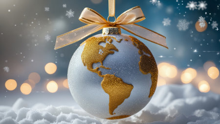 Christmas globe with gold ribbon on snow and bokeh backgroundの素材