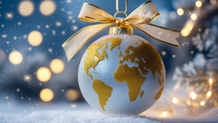 Christmas globe with gold ribbon on snow and bokeh backgroundの素材