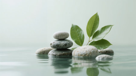 Zen Stones with Green Leaves on Water Surface for Spa and Relaxationの素材