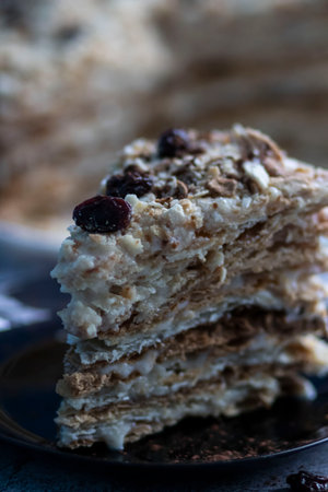 Napolion cake. A piece of cake on a black plate, decorated with raisins. Stands on a table with a gray backgroundの写真素材