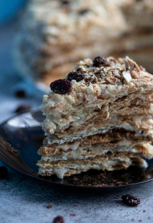 Napolion cake. A piece of cake on a black plate, decorated with raisins. Stands on a table with a gray backgroundの写真素材