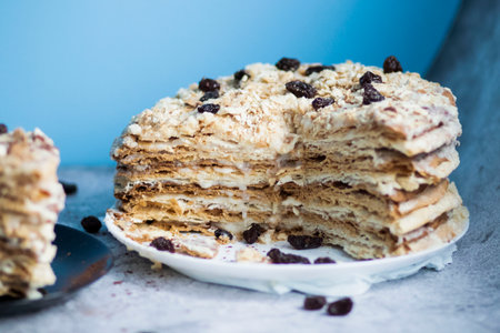 Napolion cake. A piece of cake on a black plate, decorated with raisins. Stands on a table with a gray backgroundの写真素材