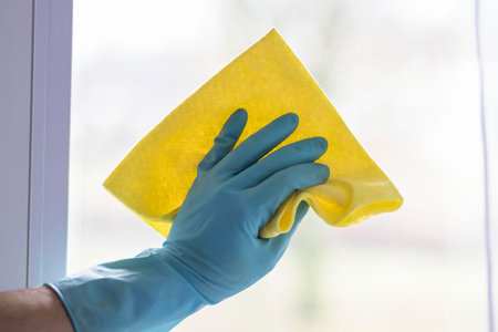 Cleaning. Washing the window and table with a napkin and gloves.の写真素材