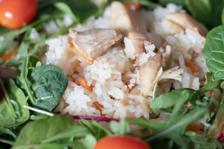 Rice pilaf with meat and vegetables. On a gray backgroundの写真素材