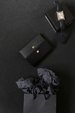 Empty black gift boxes. Black Friday. On a black backgroundの写真素材