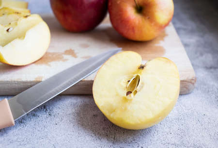Red apples on a gray background. healthy eatingの写真素材