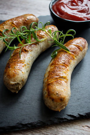 Grilled sausages with rosemary and tomato sauce on black plateの写真素材