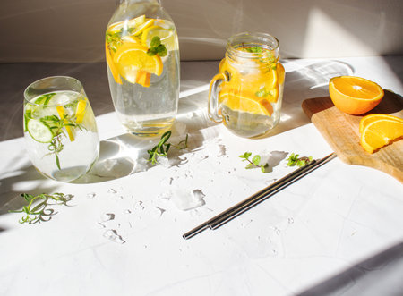 Infused water with fresh citrus fruits and ice. Refreshing summer drink.