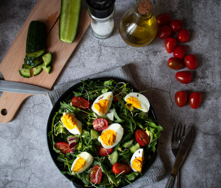 Healthy salad with arugula, salami and eggs.の写真素材