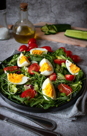 Healthy salad with arugula, cherry tomatoes, cucumbers and eggsの写真素材