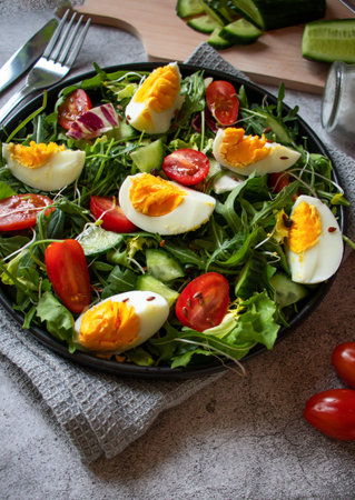 Fresh salad with arugula, tomatoes, cucumbers and eggsの写真素材