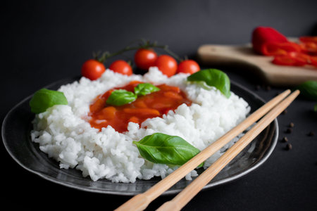 Rice with tomato sauce and basil on a black background, selective focusの写真素材