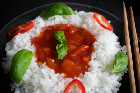 Rice with tomato sauce and basil leaves on a black background.の写真素材
