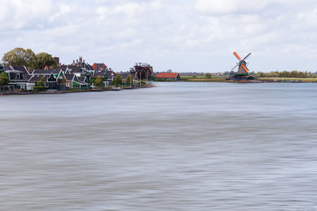Traditional dutch windmills in Zaanse Schans, Netherlandsの写真素材