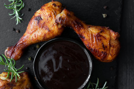 Grilled chicken legs with barbecue sauce and rosemary on black backgroundの写真素材