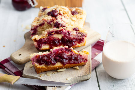 Homemade cherry pie on a wooden board. Selective focus.の写真素材