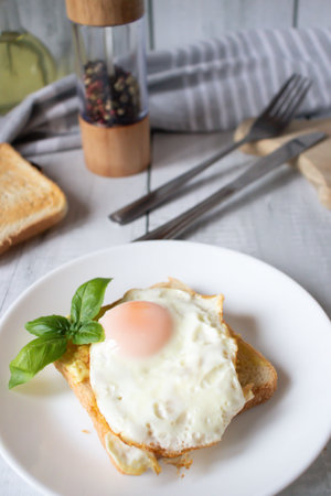Fried egg on toast with basil and salt on a wooden backgroundの写真素材