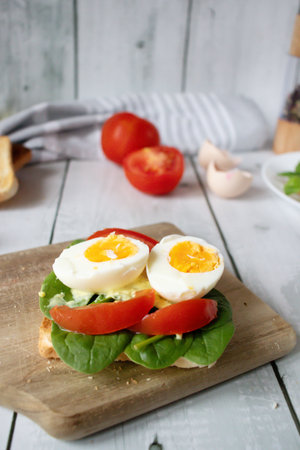 sandwich with egg, tomato and spinach on a white wooden backgroundの写真素材