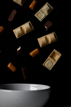 White bowl and chocolate candies on a black background.