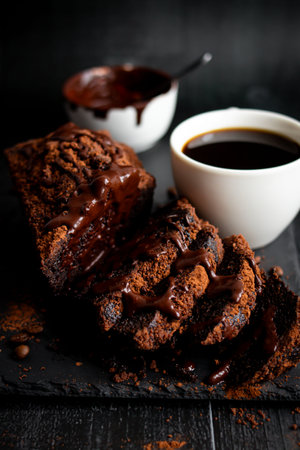Chocolate cake with chocolate glaze and cup of coffee on black background