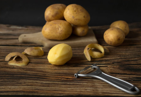 Potatoes on a wooden board with a peeler on a black backgroundの写真素材