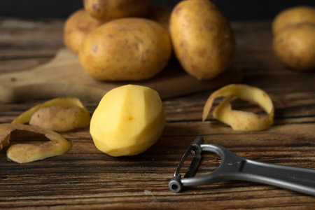 Potatoes and peeler on a wooden table. Selective focus.の写真素材