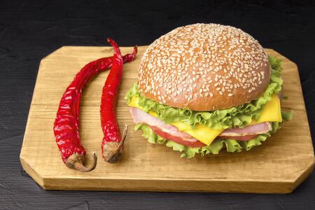 sandwiches with bacon, cheese, onions, tomato and herbs on a wooden board nearの写真素材