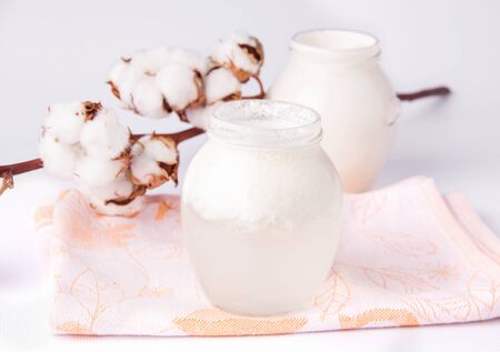 Sourdough for cheese, cottage cheese. Fermented products on a white backgroundの写真素材