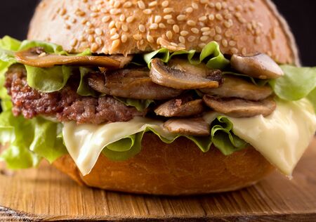 sandwich with mushrooms and cutlet close-up.の写真素材
