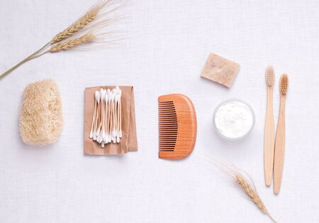 environmentally friendly bathroom accessories made of bamboo, loofah and woodの写真素材